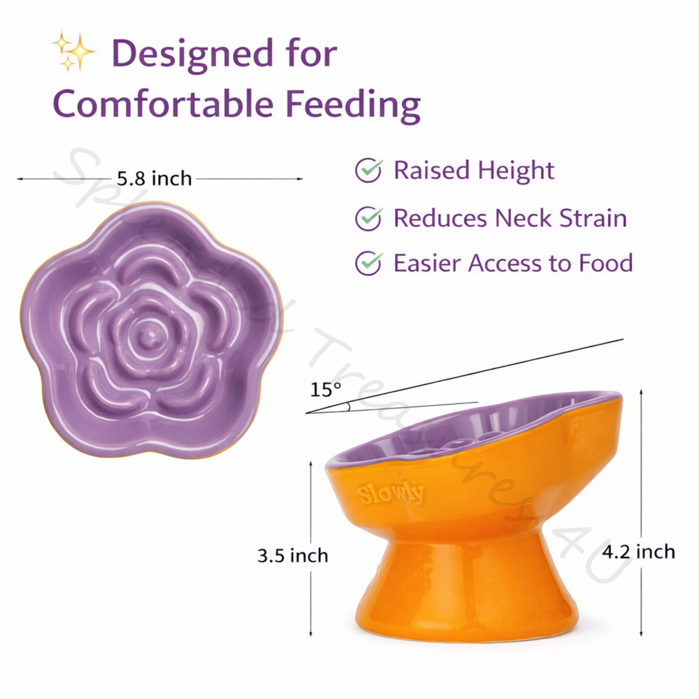 Raised Slow Feeder Dog Cat Food Bowl for Small Pets Purple Tilted Ceramic Dish - Picture 2 of 6